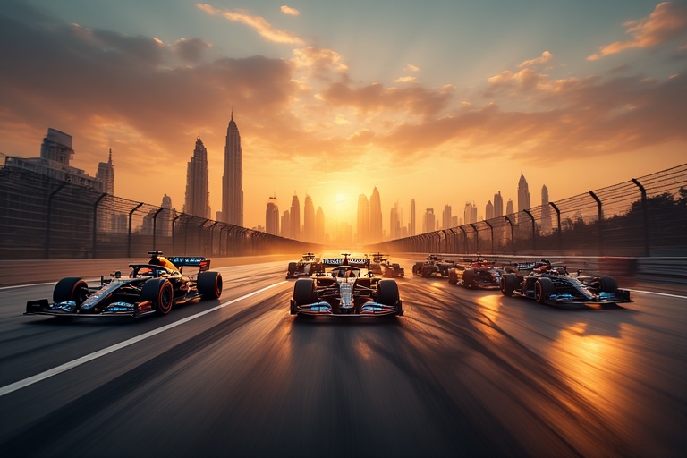 F1 Cars Racing at Sunset